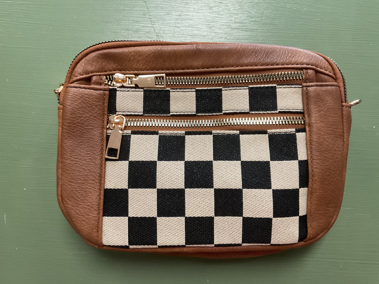 black/brown vegan leather cross body purse with checkers