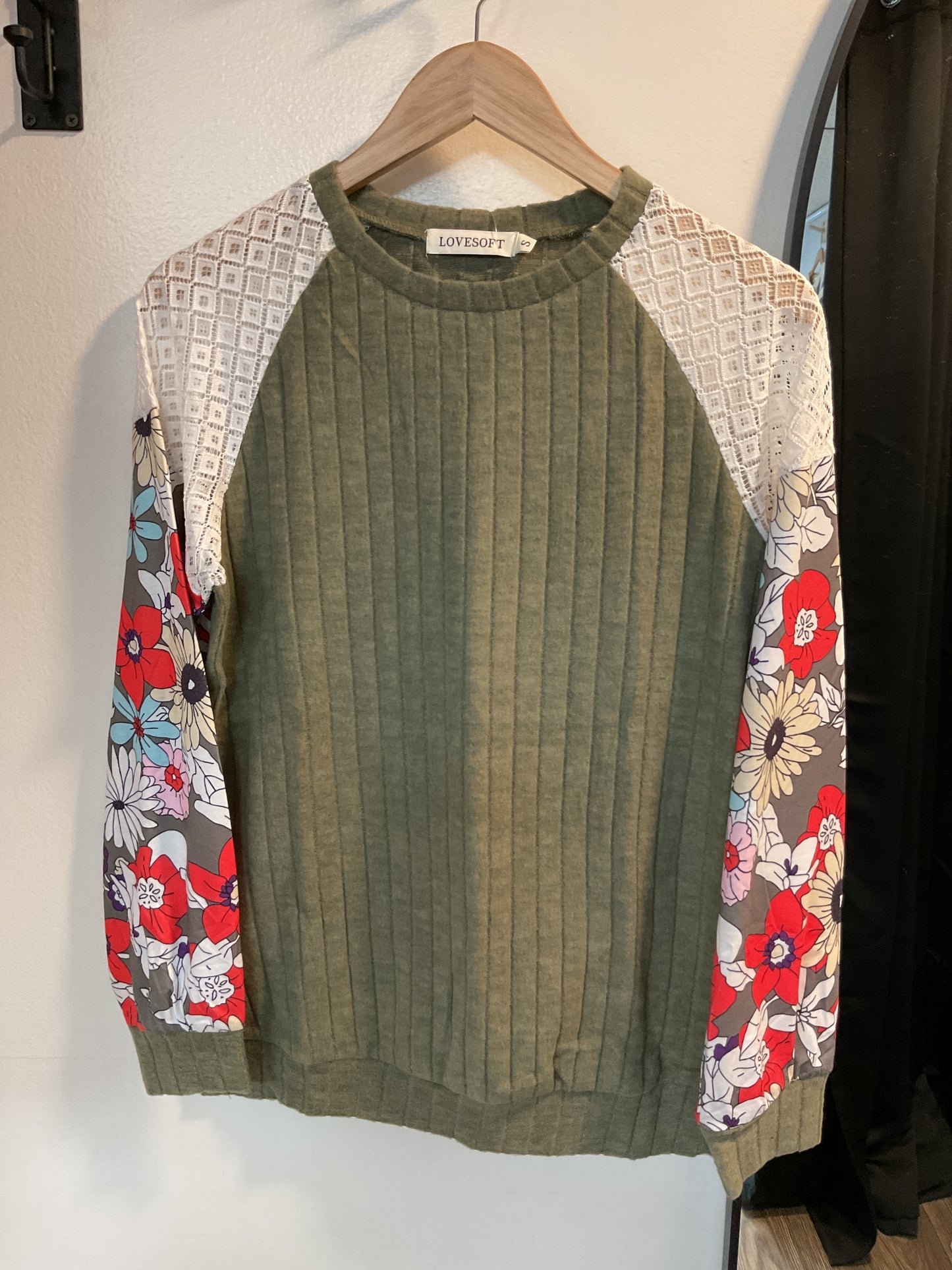 Olive green LS w flowered sleeves