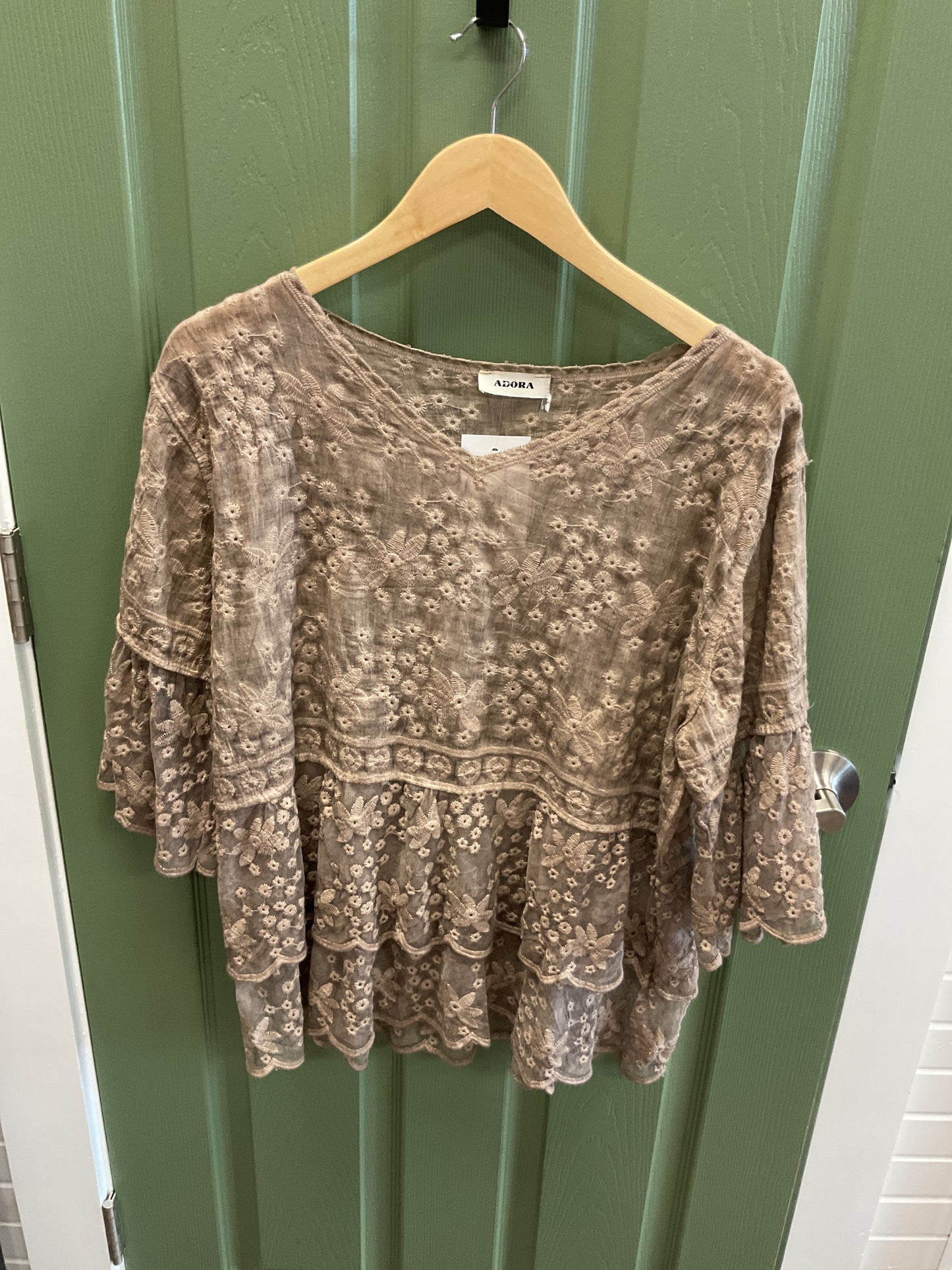KHAKI LACE BLOUSE 3/4 BELL SLEEVES