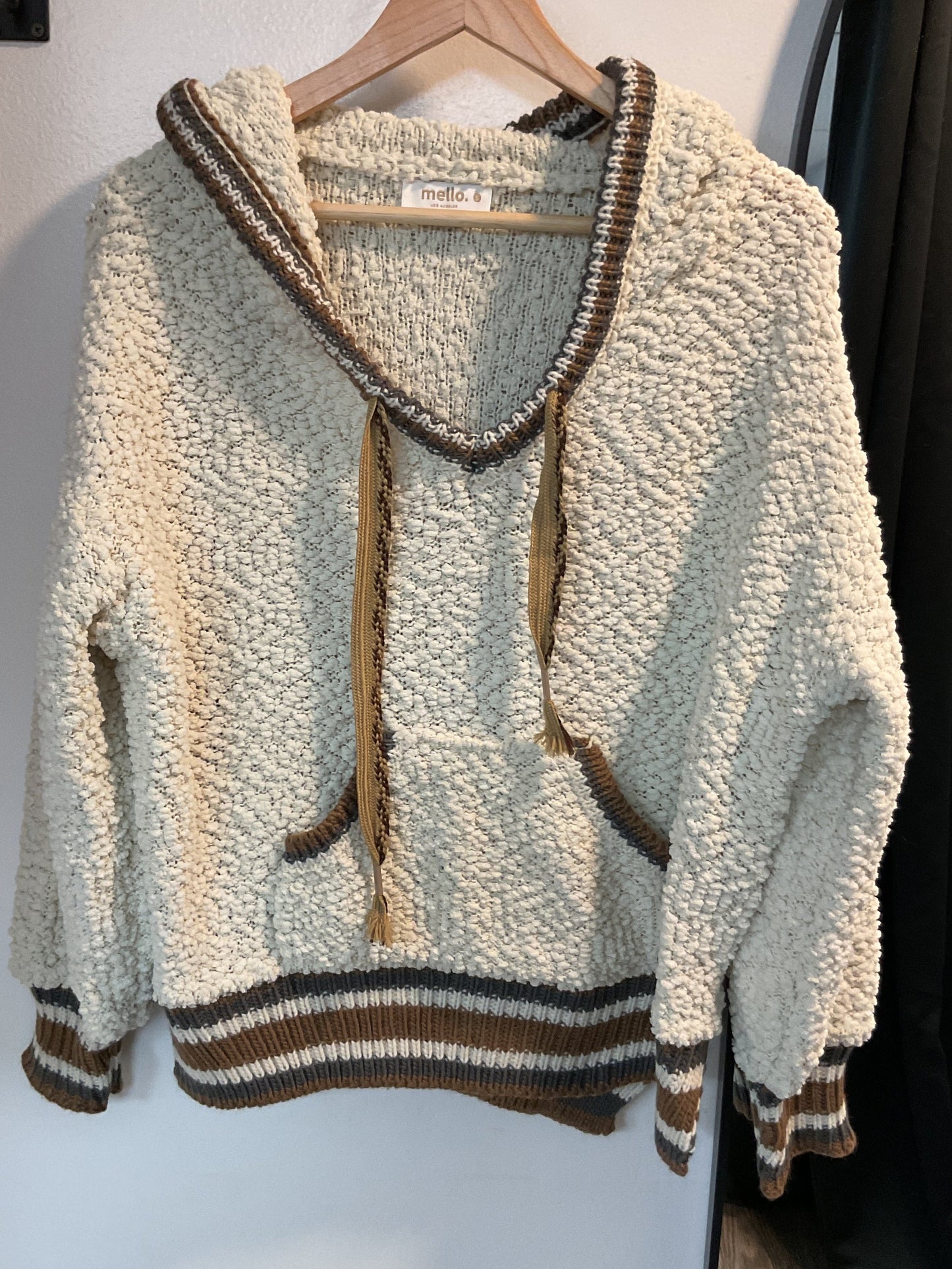 Cream hooded w gray n brown stripes