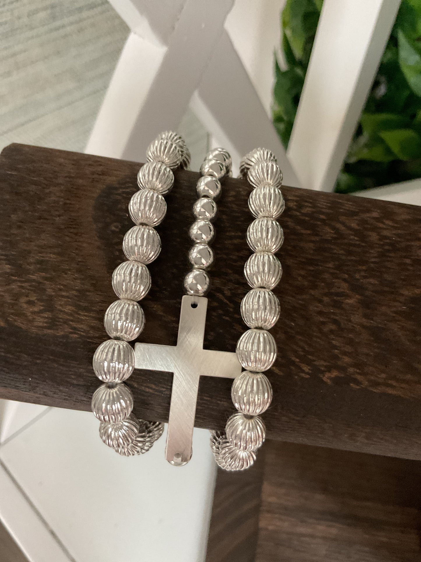 Silver beaded cross bracelet