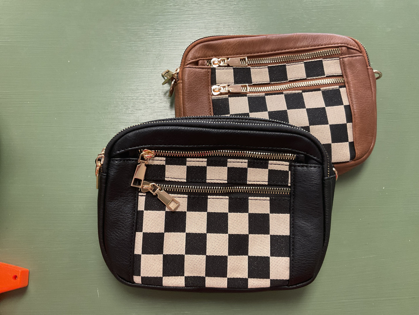 black/brown vegan leather cross body purse with checkers