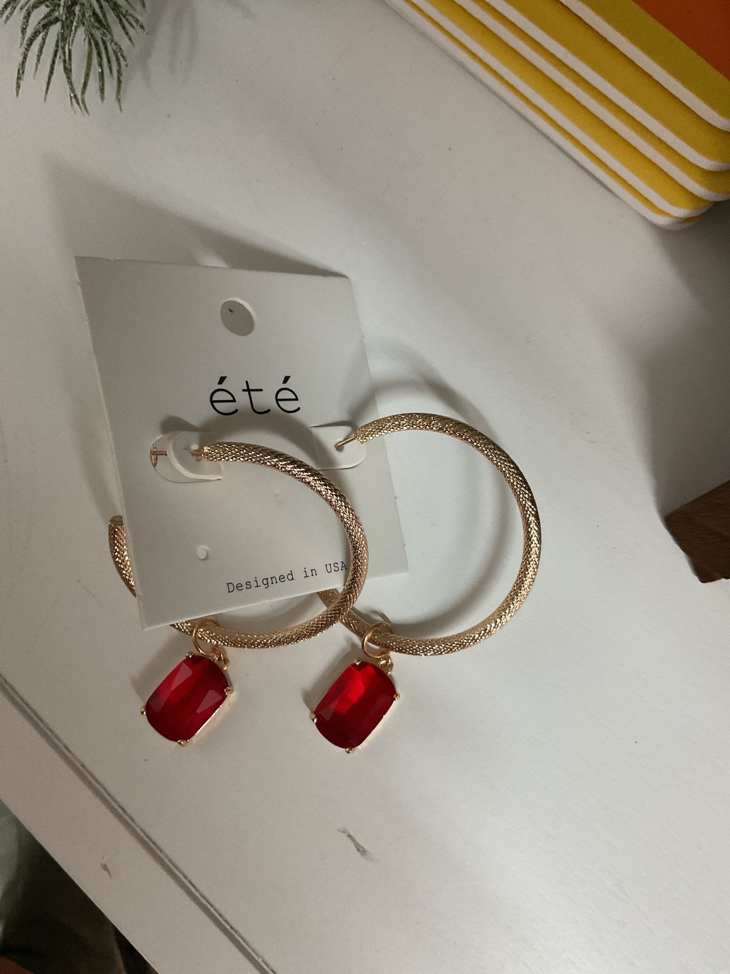 Gold red gem earrings