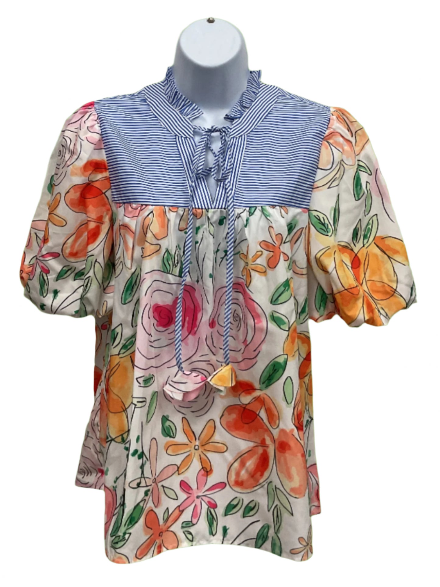 Floral print stripes puff sleeve blouse