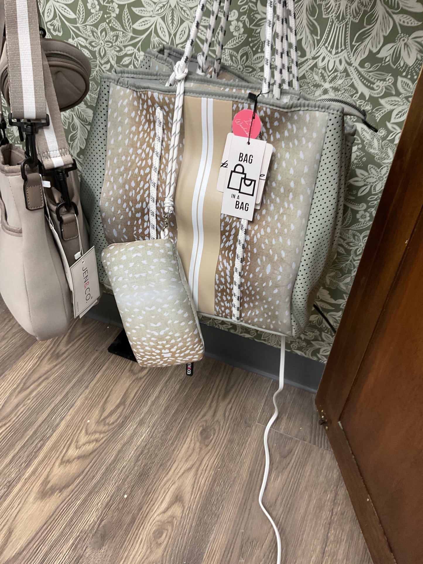 Jen & Co. sage tan leopard tote