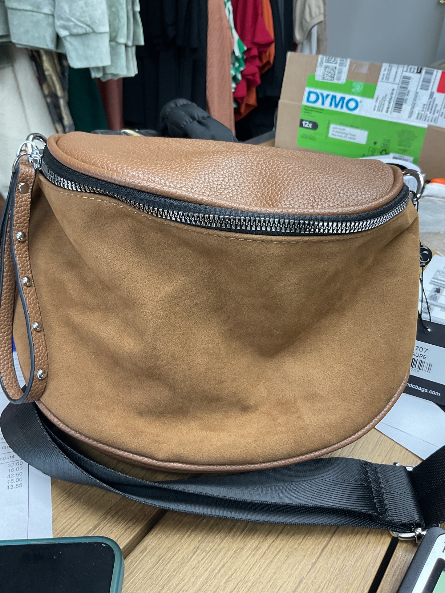 Suede camel purse crossbody