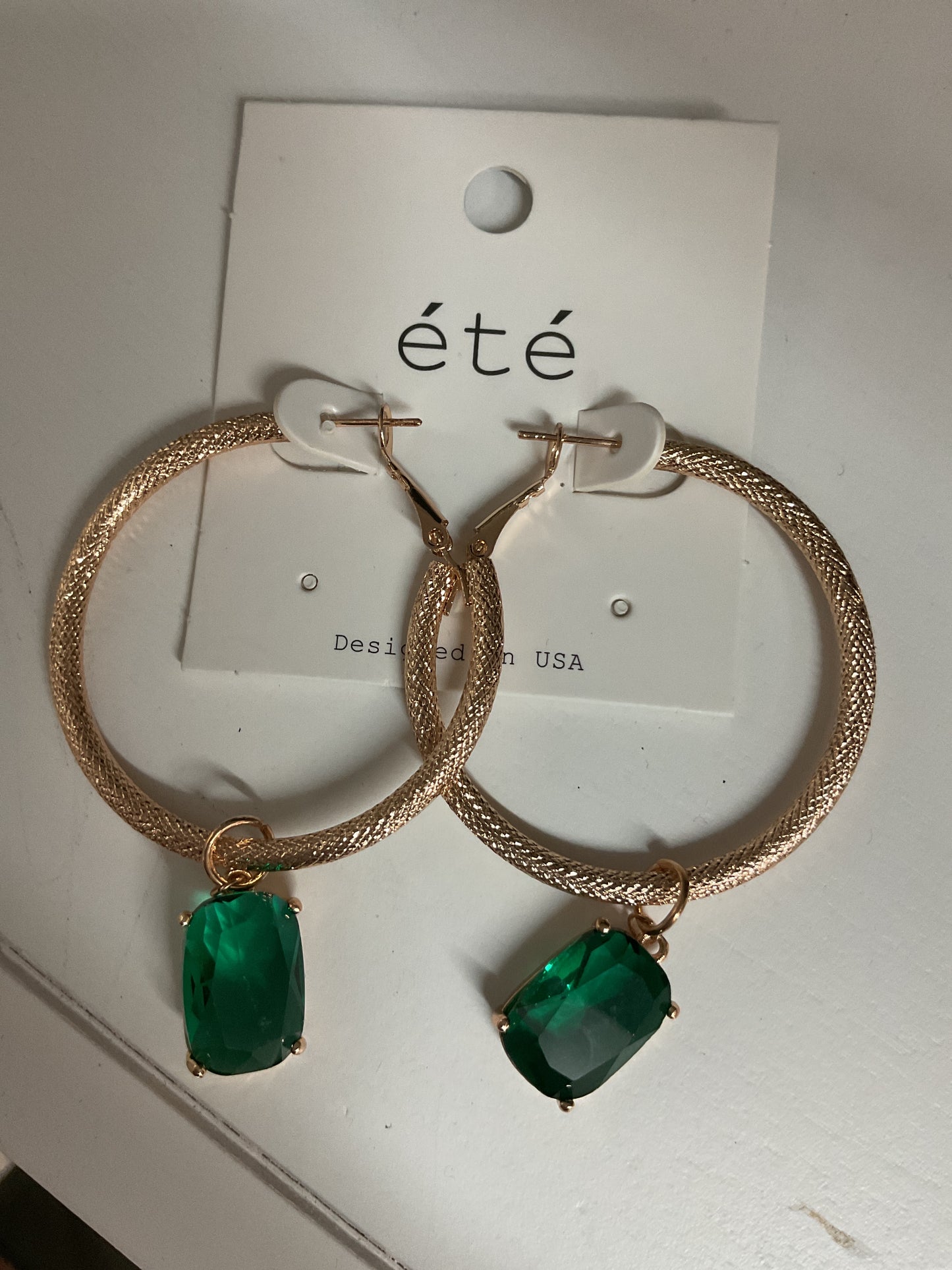 Gold green gem earrings