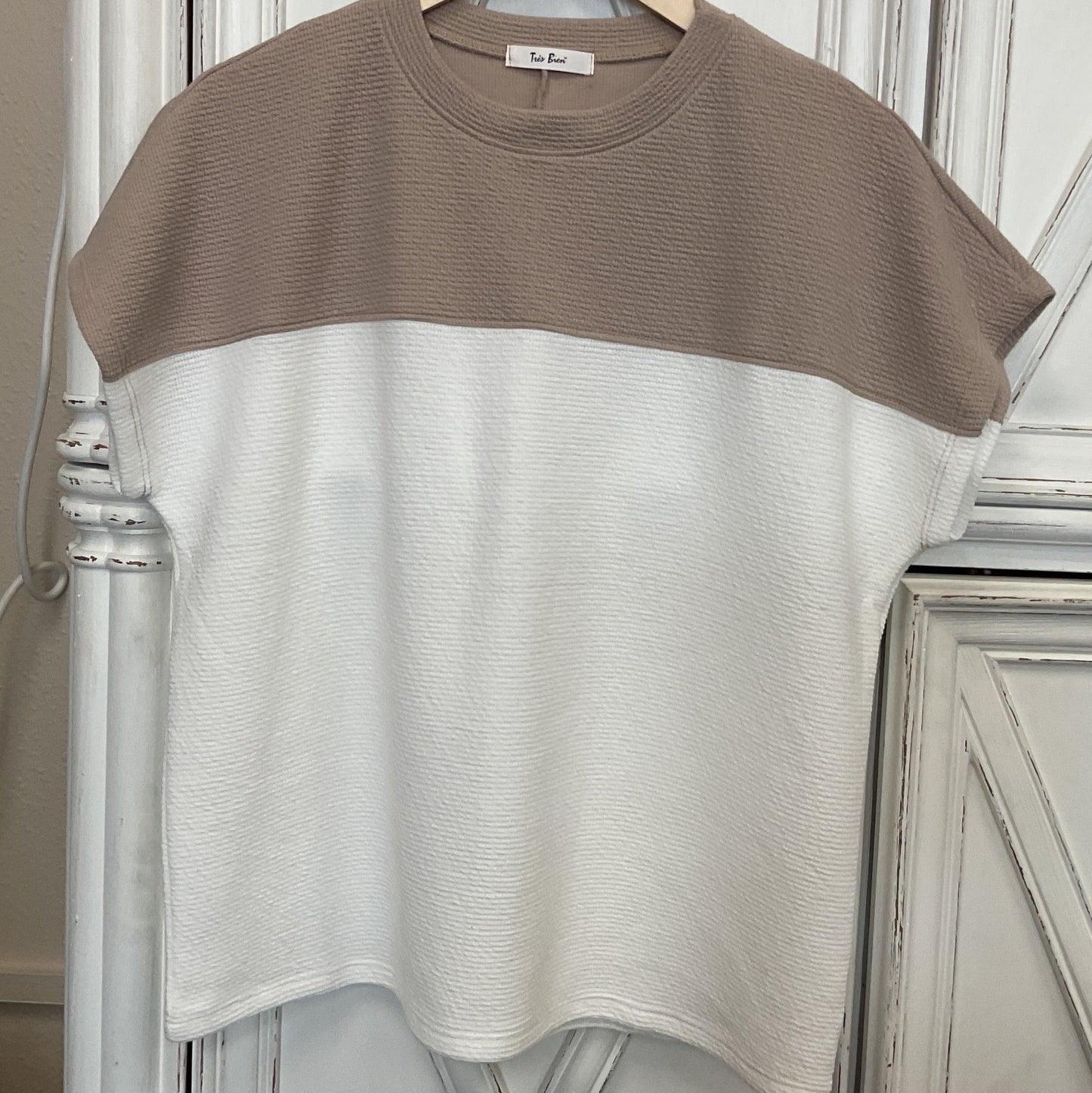 Cream and tan color block top