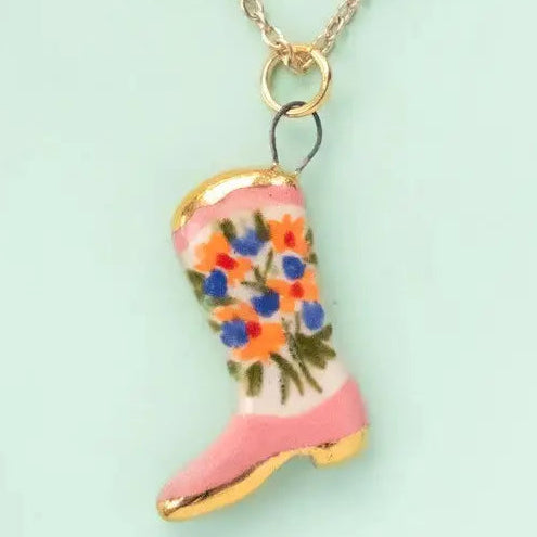 GOLD CHAIN W PINK AND FLORAL COWBOY BOOT