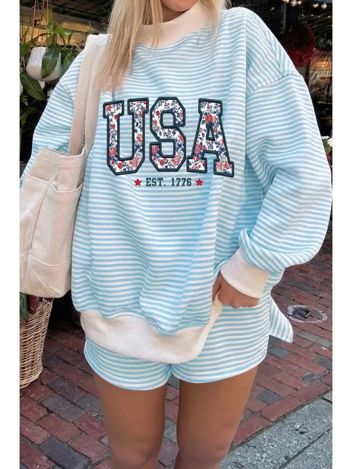 USA STRIPED SHORTS AND SWEATSHIRT SET