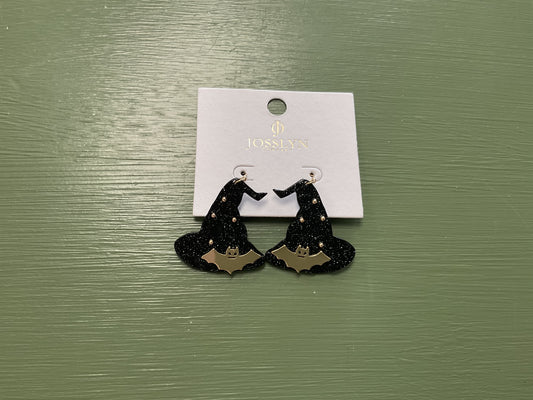 Halloween Black Witch Hat Earrings with Gold Bats