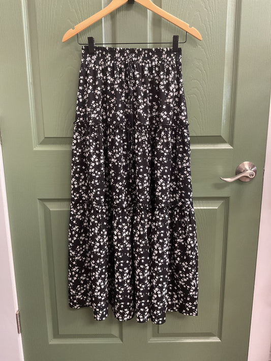 Black three-tiered floral maxi skirt