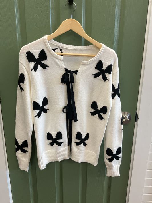 Lace-Up White Sweater Cardigan with Black Bows