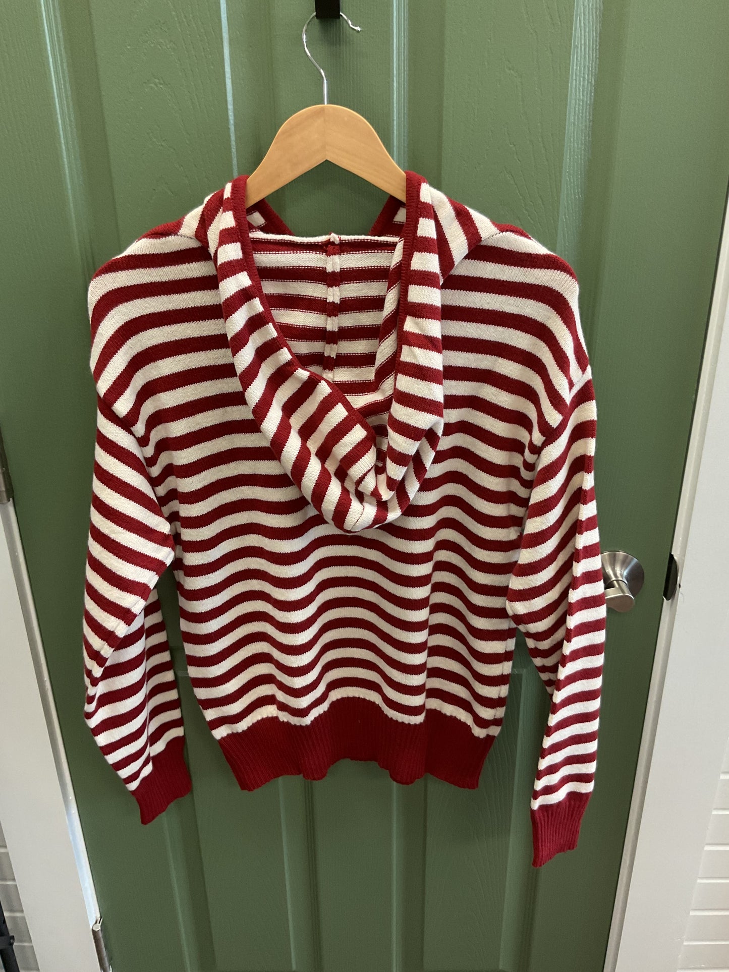 V-Neck Red & White Striped Knitted Hoodie with Quarter Zip