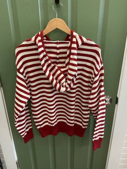 V-Neck Red & White Striped Knitted Hoodie with Quarter Zip