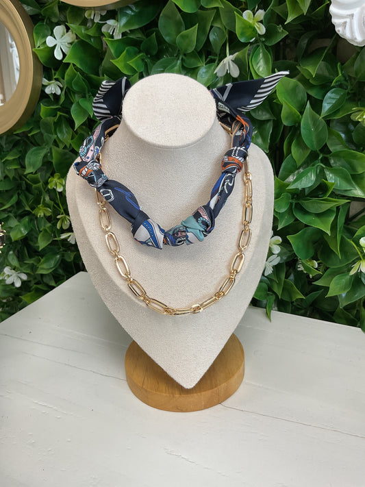 Navy Scarf Necklace w/ Gold Chain