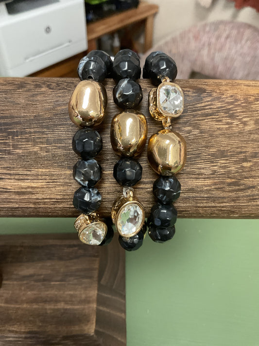 BLACK CREAM AND CRYSTAL SET OF THREE NATURAL BEADED STRETCH BRACELETS