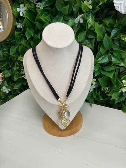 Corded Necklace w/ Gem, Pearl, and Charms