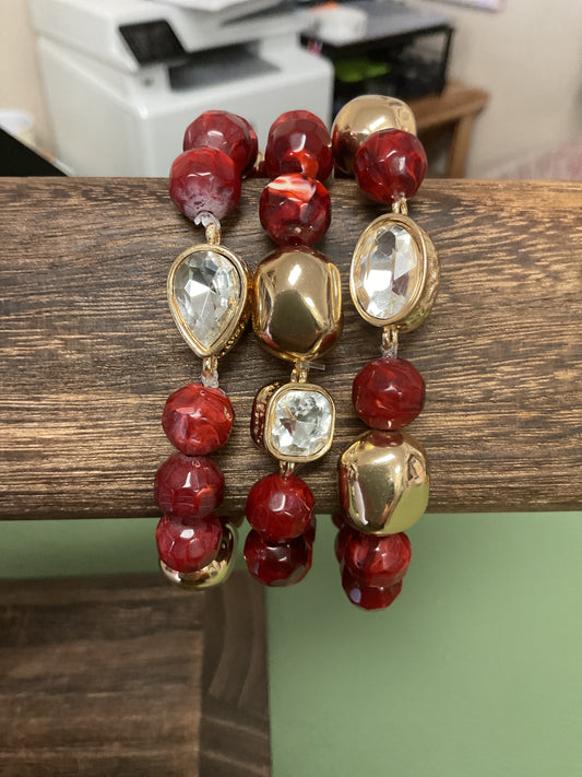 MAROON CREAM AND CRYSTAL SET OF THREE NATURALN BEADED BRACELETS