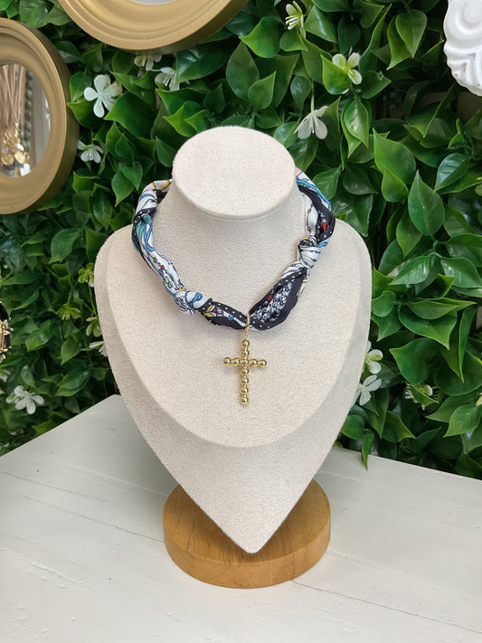 Navy Scarf Necklace w/ Gold Cross