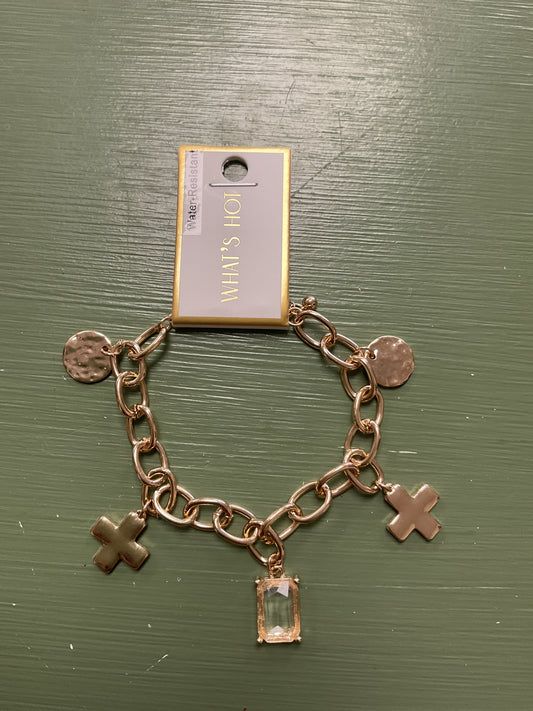 Gold charm bracelet, gem, cross, circle pendant