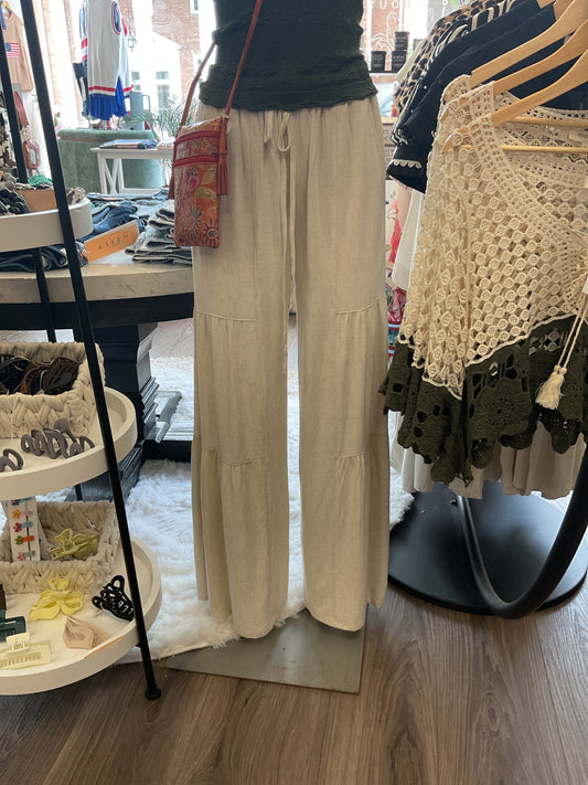 Linen Blend Wide Led Drawstring Pants