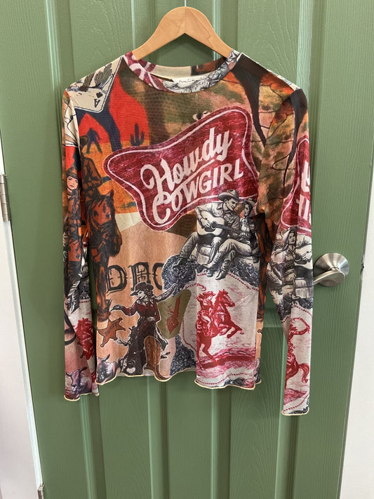 "Howdy Cowgirl" Mesh Long Sleeve Top