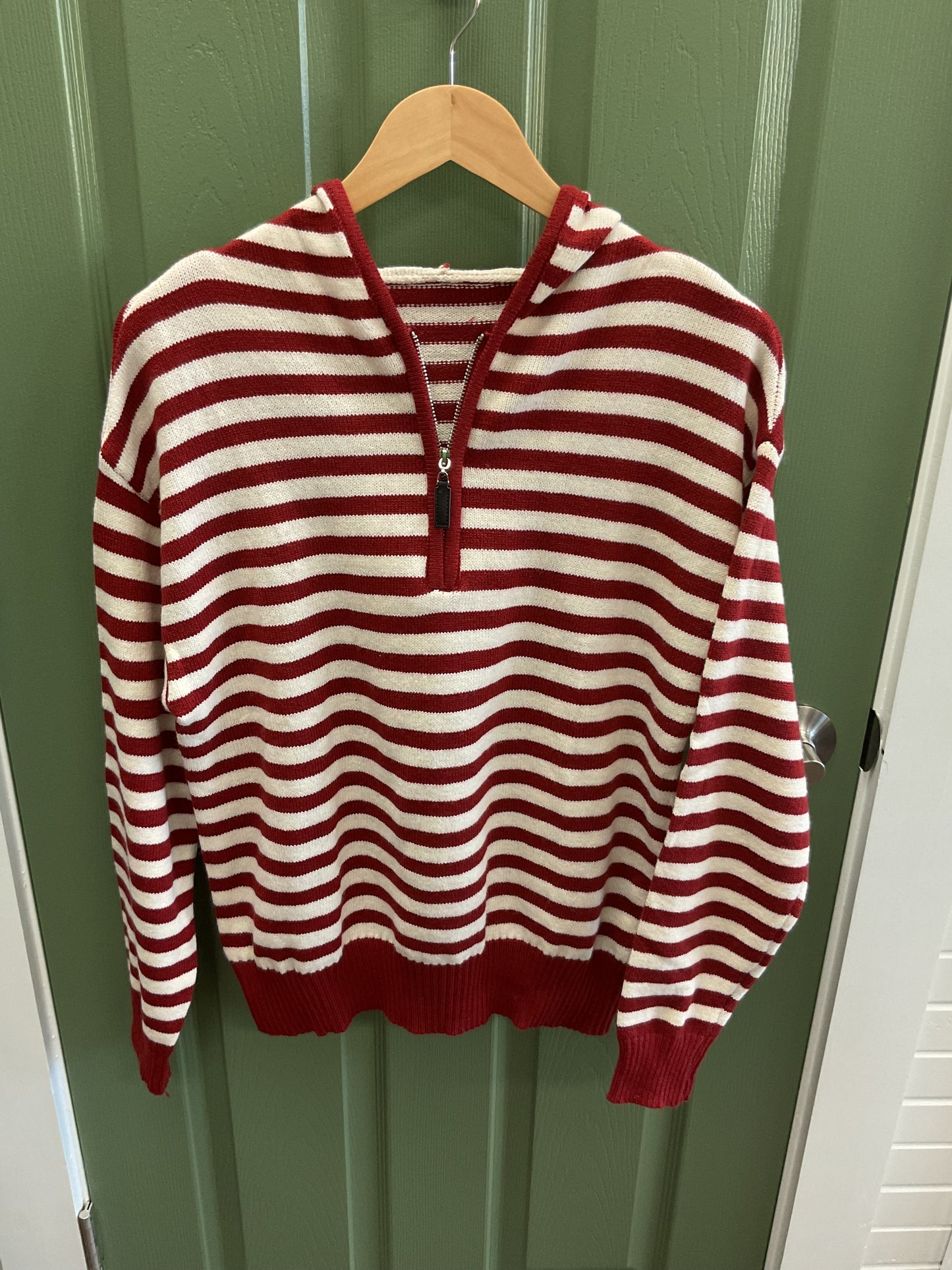 V-Neck Red & White Striped Knitted Hoodie with Quarter Zip