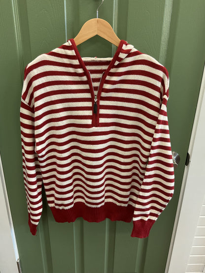 V-Neck Red & White Striped Knitted Hoodie with Quarter Zip