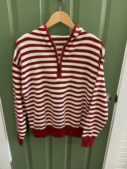 V-Neck Red & White Striped Knitted Hoodie with Quarter Zip