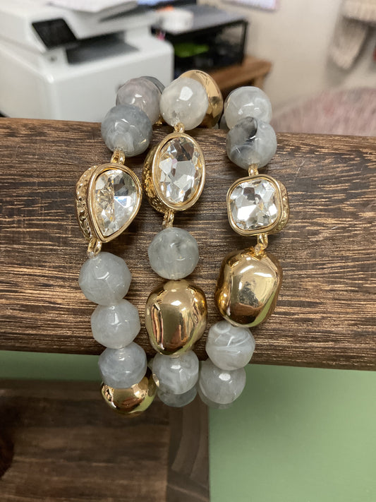 GREY STONE AND GOLD SET OF 3 WITH RHINESTONE ACCENT STRETCH BRACELETS