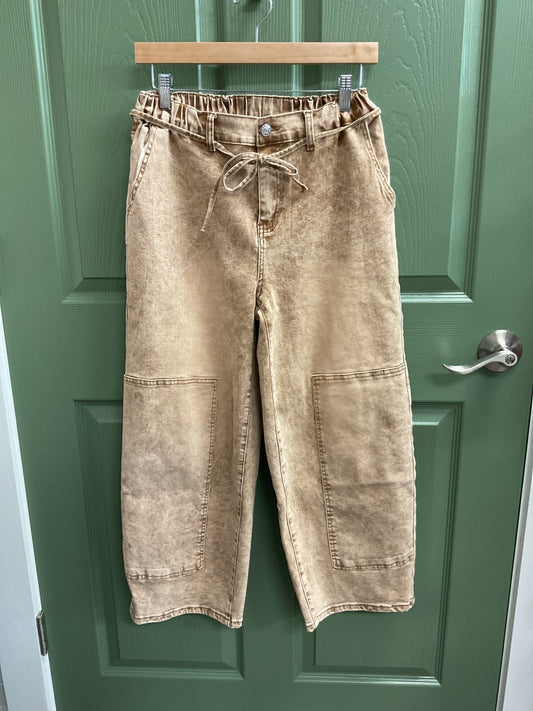 Khaki Acid Wash Drawstring Jeans