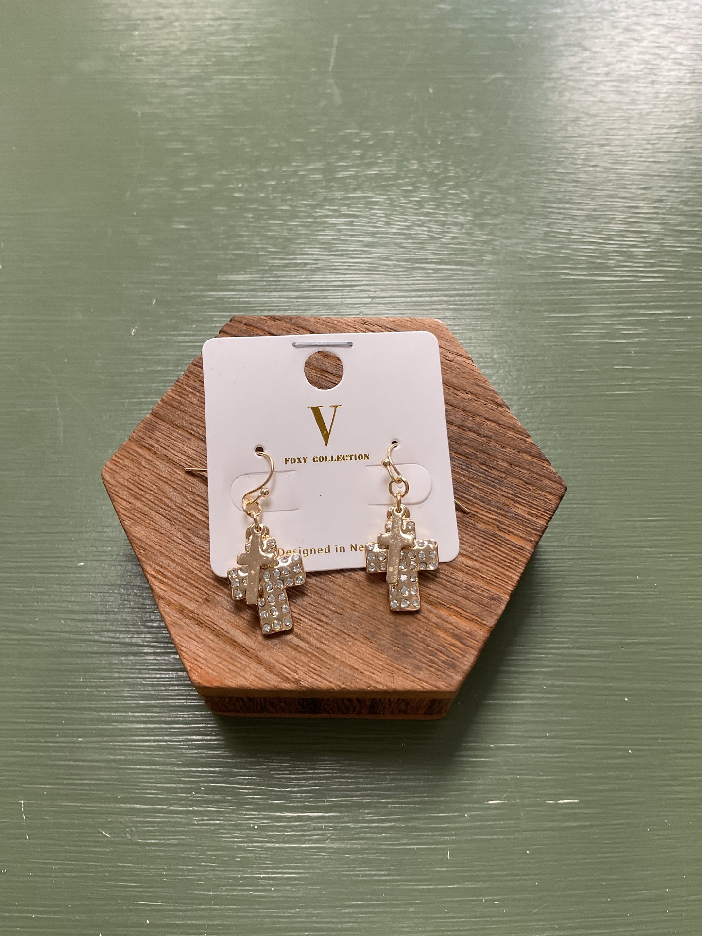 Double cross gem dangle earrings