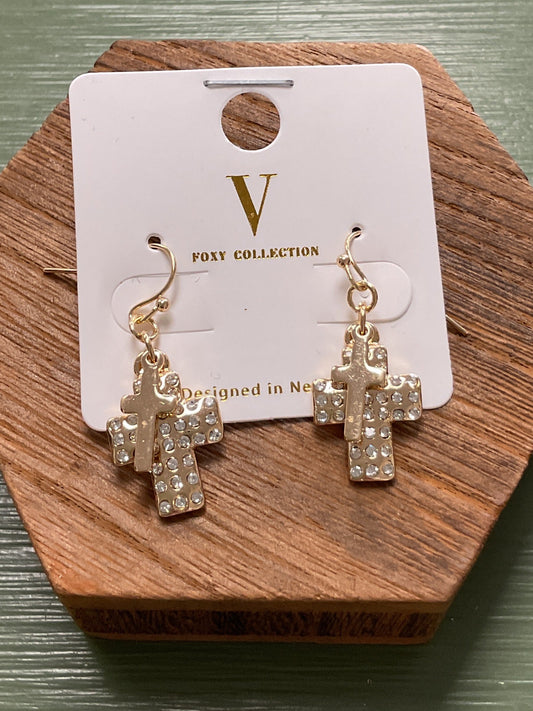 Double cross gem dangle earrings