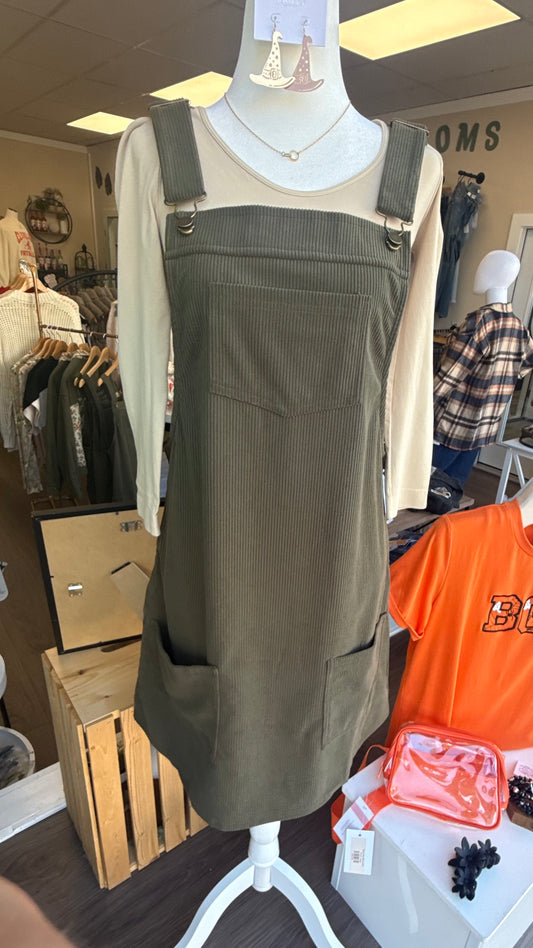 Army Green Corduroy Jumper Dress with Pockets