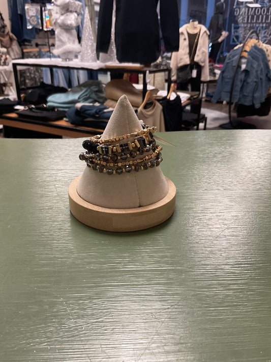 Black, gray, and gold stretchy bracelet set of 5