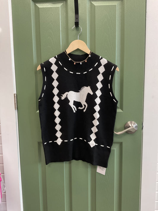 Black Sleeveless Horse Sweater Vest