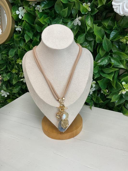 Corded Necklace w/ Gem, Pearl, and Charms