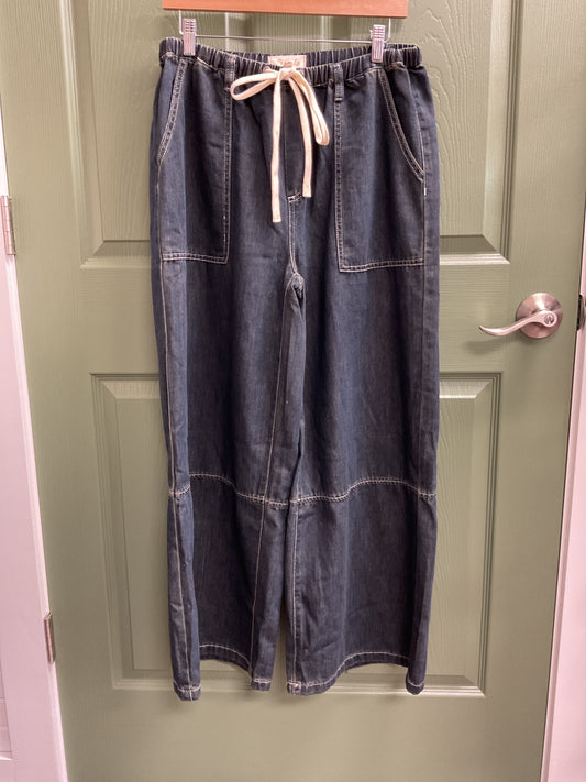 Wide Leg Drawstring Dark Denim Pants