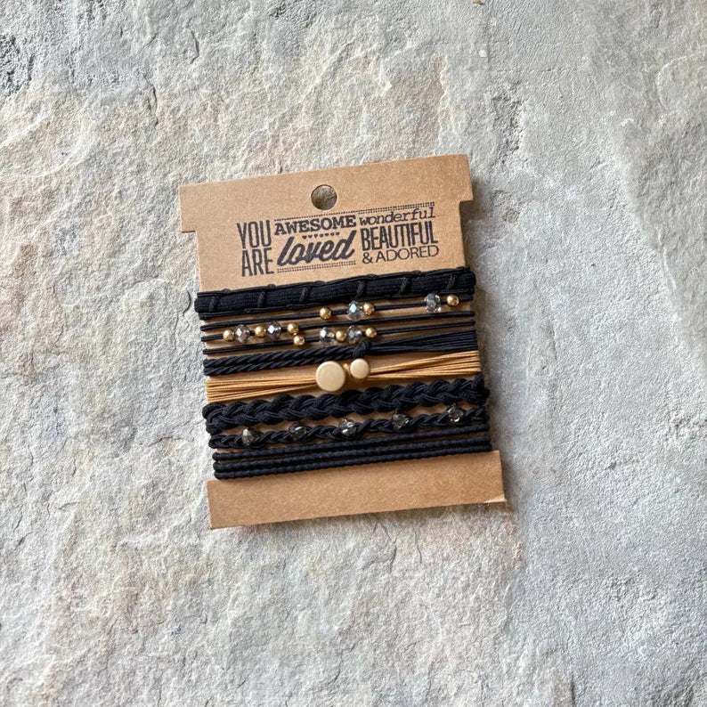 BLACK AND BROWN HAIR TIES WITH GOLD AND BLACK GEMS