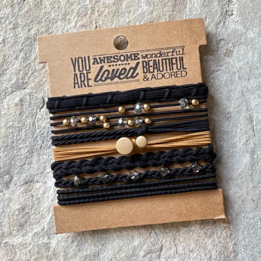 BLACK AND BROWN HAIR TIES WITH GOLD AND BLACK GEMS