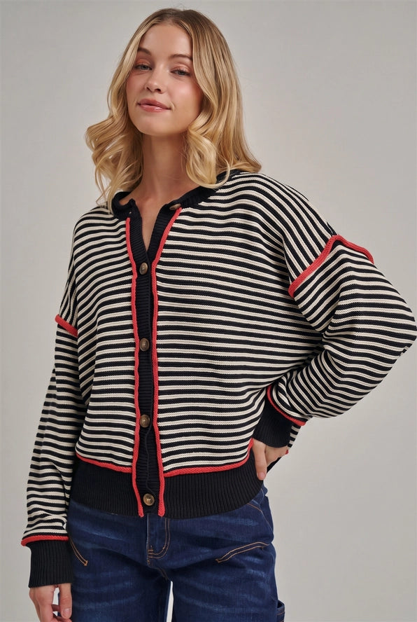 BLACK STRIPE WITH RED BUTTON DOWN CARDIGAN