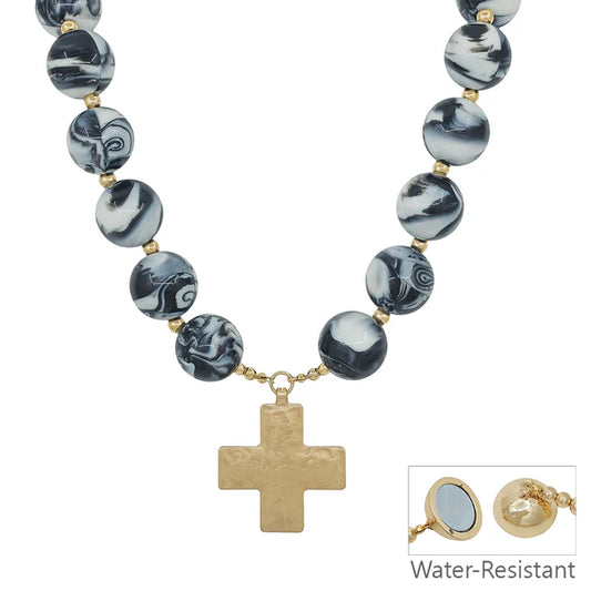 LARGE BLACK N WHITE BEAD W HAMMERED CROSS NECKLACE