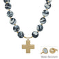 LARGE BLACK N WHITE BEAD W HAMMERED CROSS NECKLACE