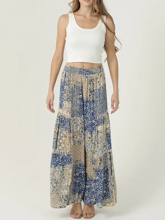 YELLOW AND BLUE WIDELEG PANTS WITH LACE INSERTS