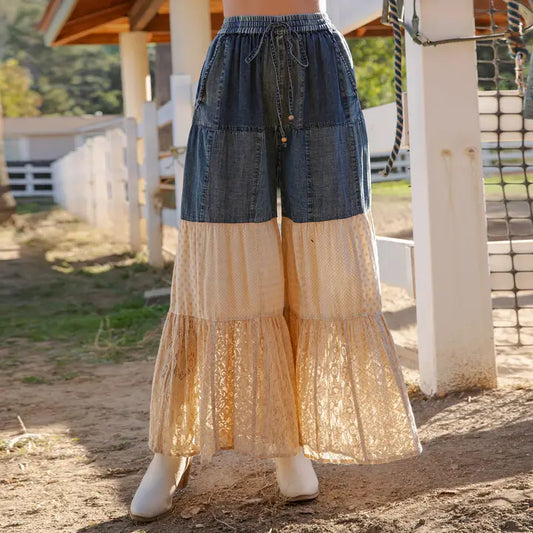 DENIM BOHO TIERED PATHWORK PANTS