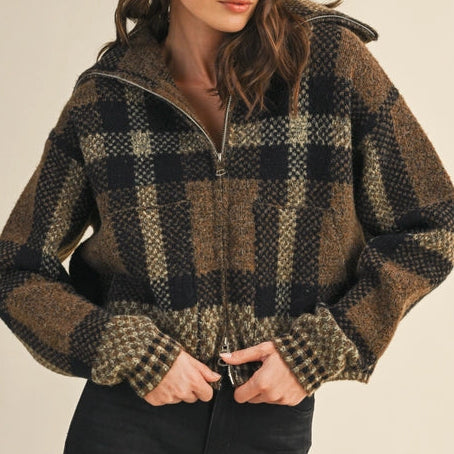 PLAID FUZZY SWEATER JACKET
