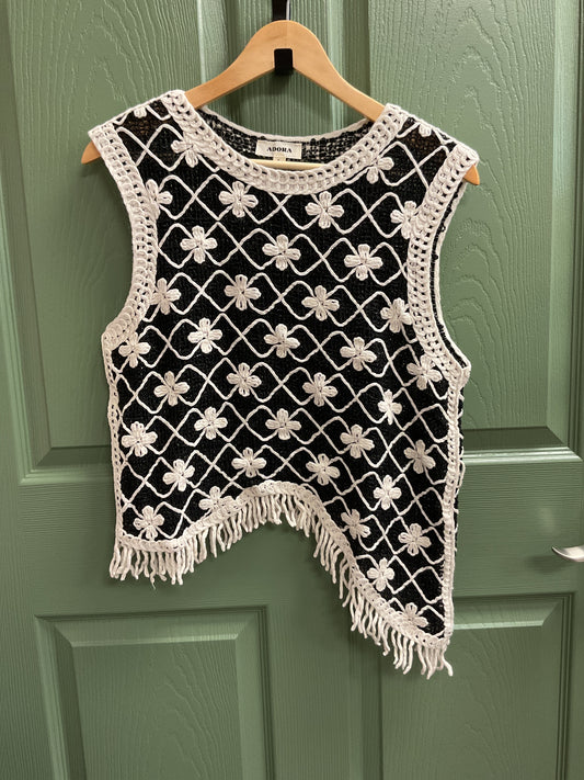 Asymmetrical Crochet Flower Fringe Vest