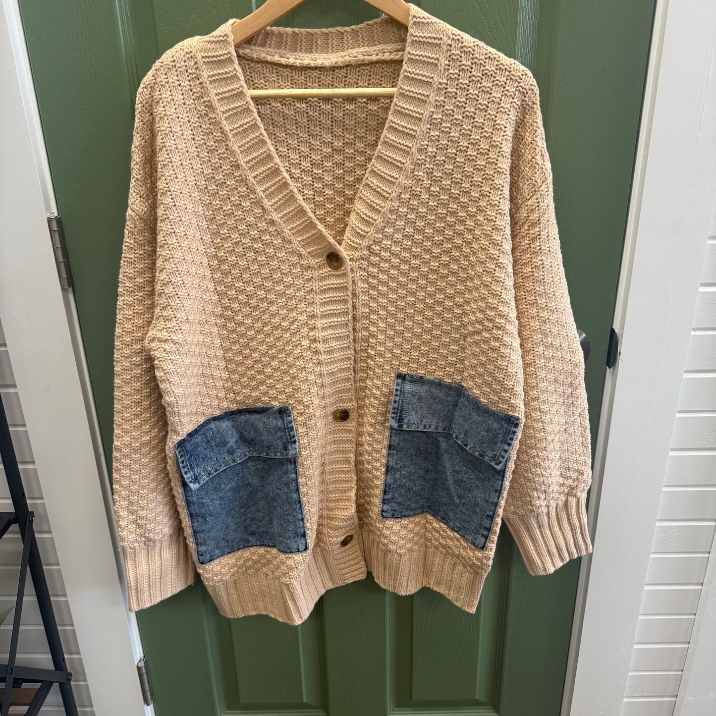LDC OPEN FRONT KNITTED DENIM POCKET PATCHWORK SWEATER WITH BUTTONS