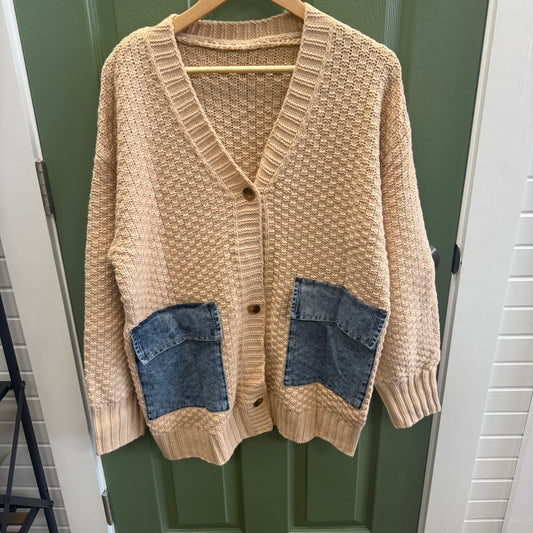 LDC OPEN FRONT KNITTED DENIM POCKET PATCHWORK SWEATER WITH BUTTONS